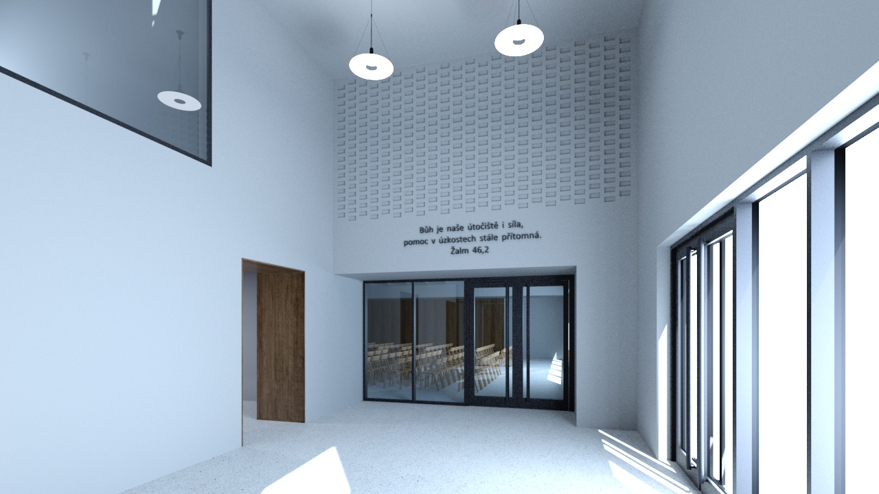 Vizualizace – foyer s verši na stěně